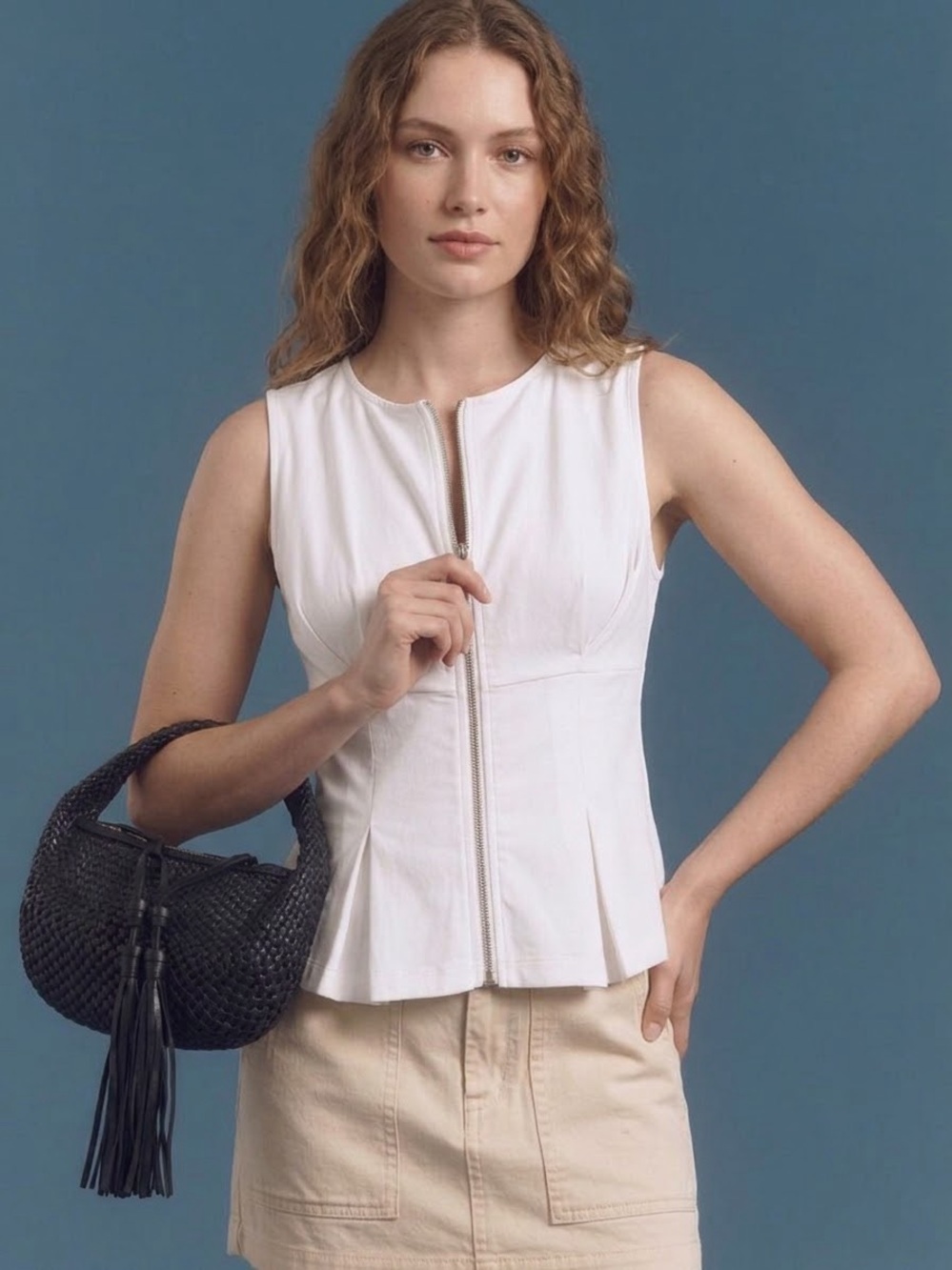 Anthropologie White Sleeveless 100% Cotton Zip Up Peplum Top